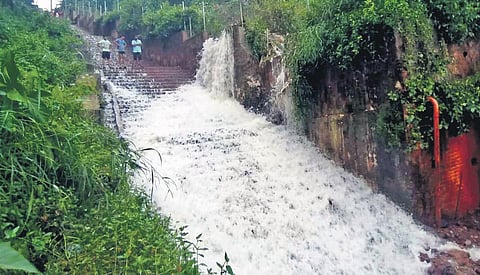 Water flowing on the step route of Simhachalam temple in Visakhapatnam on Monday. (Photo I Express)