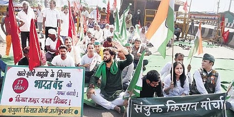 Farmers block a road during the Bharat Bandh at Ghazipur border. (Photo | Parveen Negi, EPS)