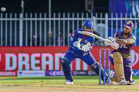 Nitish Rana of Kolkata Knight Riders plays a shot during match 41 of the Vivo Indian Premier League between the Kolkata Knight Riders and the Delhi Capitals. (Photo | PTI)