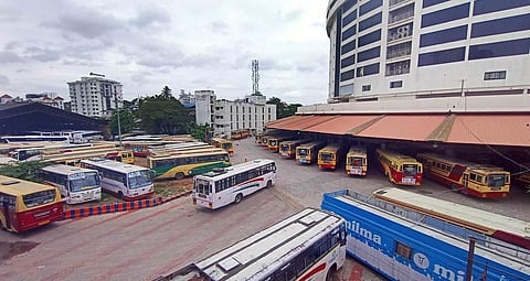 KSRTC buses parked at the Central bus station at Thampanoor in Thiruvananthapuram on Monday. (Photo | Vincent Pulickal, EPS)