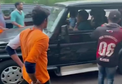 Bajrang Dal men seen stopping MBBS students at Surathkal tollgate in Mangaluru. (Photo | Express)