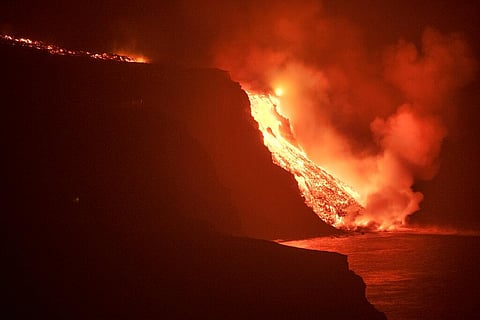Lava from a volcano reaches the sea on the Canary island of La Palma, Spain. (Photo | AP)