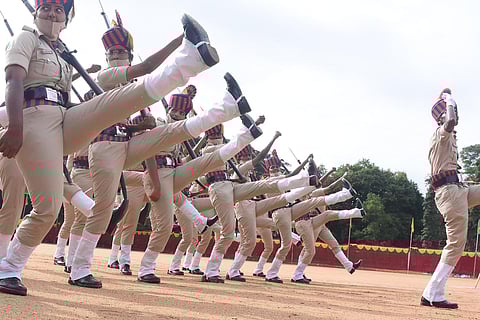 The 6th batch of women constables during the passing out parade held at Police Training Institute parade grounds in Mysuru on Tuesday. (Express)