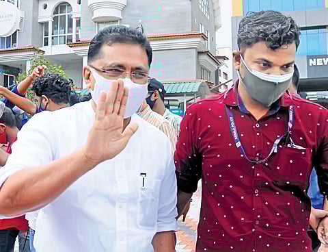 Former minister K T Jaleel, who appeared before the Enforcement Directorate to testify against MLA P K Kunhalikutty and his son in the alleged C300-crore deposit in a cooperative bank, coming out of t