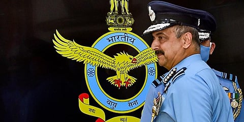 New Chief of Air Staff Air Chief Marshal VR Chaudhari during his taking over ceremony at Vayu Bhawan in New Delhi, Thursday, Sep. 30, 2021. (Photo | PTI)