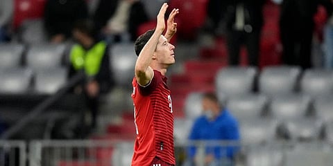 Bayern Munich's Robert Lewandowski celebrates after scoring. (Photo | AP)