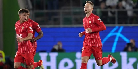 Sevilla's Ivan Rakitic (R) celebrates after scoring. (Photo | AP)