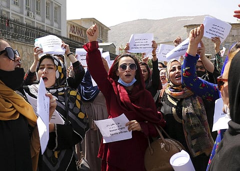 Women gather to demand their rights under the Taliban rule during a protest in Kabul. (Photo | AP)