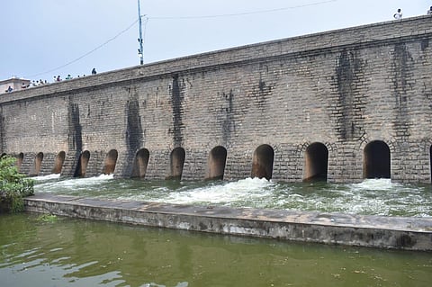 With Osmansagar reservoir (Gandipet) in Hyderabad reaching full tank level, four flood gates were lifted on Saturday to let water into the River Musi (Express Photo | S Senbagapandiyan)