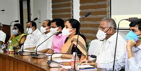 Health minister Veena George chairs top-level Nipah review meeting in Kozhikode on Sunday. (Photo | Express)