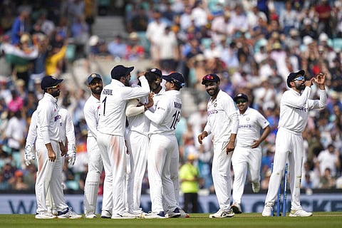 India players celebrate taking the wicket of England's Jonny Bairstow on day five of the fourth Test match at The Oval cricket ground in London, Monday, Sept. 6, 2021.  (Photo | AP)
