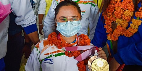 Shooter Avani Lekhara, who won a gold and a bronze medal in the Tokyo Paralympics 2020, arrives at IGI Airport in New Delhi, Monday, Sept. 6, 2021. (Photo |PTI)