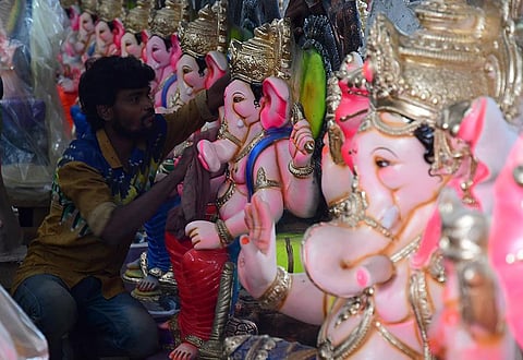 With Ganesha Chaturthi just round the corner, Ganesha idols get finishing touches on RV Road in Bengaluru. (Photo | Shriram BN, EPS)