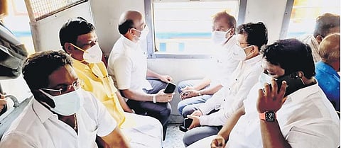 Health minister M Subramanian travelled by an EMU train between Chennai Beach and Guindy stations to see if Covid-19 protocol was being observed among public.