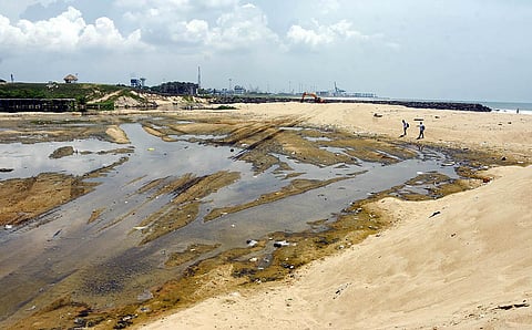Illegal sand mining at the river mouth has left visible pits. (Photo | Ashwin Prasath, EPS)