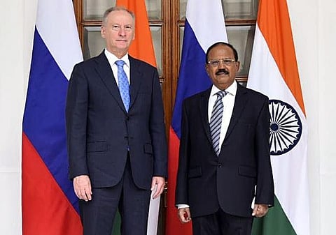 India's National Security Advisor (NSA) Ajit Doval meets Russia's NSA Nikolai Patrushev, in New Delhi. (Photo | ANI)