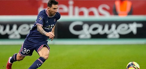PSG's Lionel Messi in action during the France League One soccer match between Reims and Paris Saint-Germain, at the Stade Auguste-Delaune in Reims, France, Sunday, Aug. 29, 2021. (File Photo | AP)