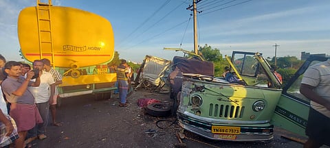 The mangled remains of the van that collided with a tanker. (Photo | Express)