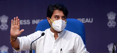 Union Minister for Civil Aviation Jyotiraditya Scindia addresses a press conference in Delhi. (Photo | Shekhar Yadav, EPS)