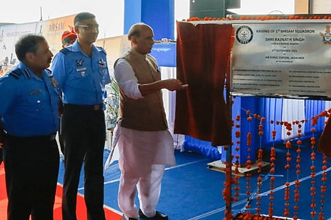 Defence Minister Rajnath Singh handing over the first deliverable Firing Unit MRSAM system to Indian Air Force (IAF) on Thursday. (Photo | Special arrangement)