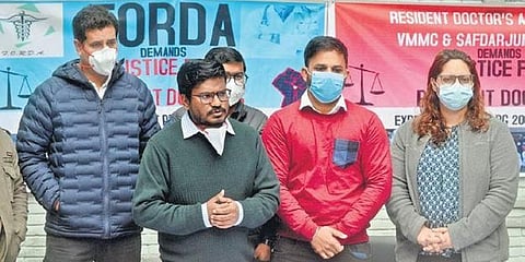 Representatives of resident doctors address media at Safdarjung Hospital on Friday. (Photo | Parveen Negi, EPS)