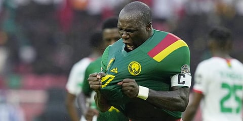 Cameroon's captain Vincent Aboubakar celebrates his second goal of the match against Burkina Faso during the African Cup of Nations 2022. (Photo | AP)