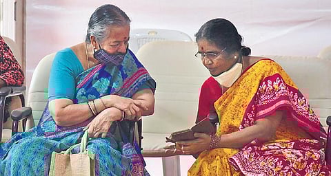 Senior citizens await their turn to be administered the Covid booster shot in Malleswaram, Bengaluru on Monday | Shriram BN