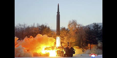 This photo provided by the North Korean government, shows what it says a test launch of a hypersonic missile in North Korea on Jan. 5, 2022. (File Photo | AP)