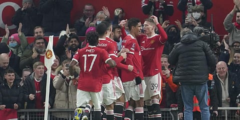 Manchester United's Scott McTominay, right, jubilates with teammates after scoring the opening goal during the English FA Cup third round soccer match against Aston Villa (Photo  | AP)