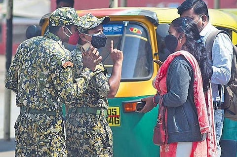 BBMP Marshals maintain vigil at in Majestic, Bengaluru, on Monday | Shriram BN