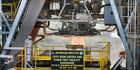 ISRO successfully conducted the qualification test of Cryogenic Engine for the Gaganyaan programme for a duration of 720 seconds at IPRC, Mahendragiri, Tamil Nadu. (Photo | ISRO Twitter)