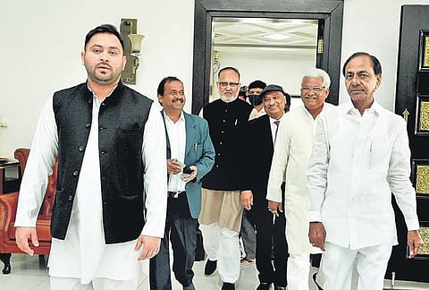 Telangana  Chief Minister  K Chandrasekhar Rao receives RJD chief and former Bihar Chief Minister  Lalu Prasad Yadav’s son  Tejashwi Yadav at Pragathi Bhavan in Hyderabad on Tuesday, Jan 12, 2022.
