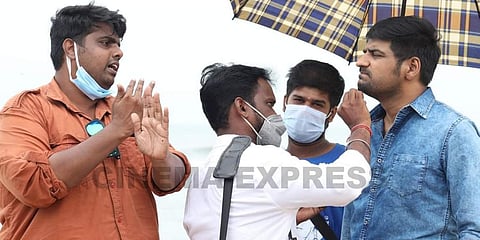 Director Kishore Rajkumar (L) on the sets of 'Naai Sekar'. (Photo| Cinema Express)