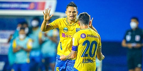 Kerala Blasters' Nishu Kumar celebrates his first goal for the club (Photo | Twitter, Kerala Blasters)