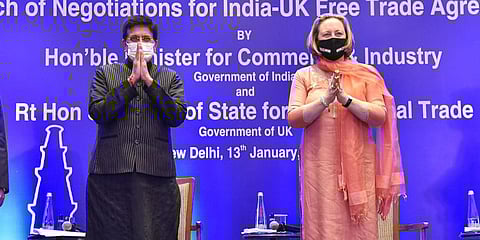 Commerce and Industry Minister Piyush Goyal (L) and UK Secretary of State for International Trade Anne-Marie Trevelyan. (Photo| Twitter)