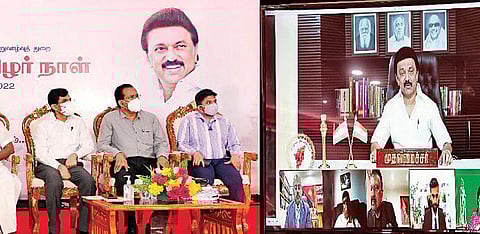 Officials watch as CM Stalin addresses the Tamil diaspora via video-conferencing