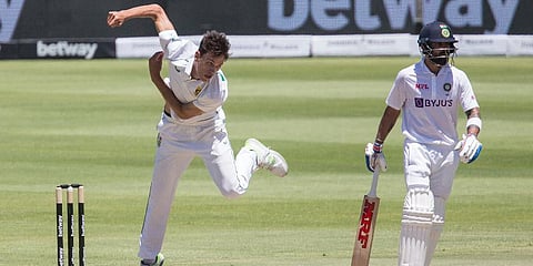 South African bowler Marco Jansen in action during the third day of the third and final test match between South Africa and India in Cape Town, South Africa, Thursday, Jan. 13, 2022. (Photo | AP)
