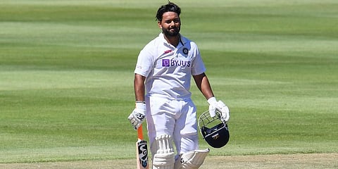 India's Rishabh Pant celebrates after scoring a century during the third day of the third Test match between South Africa and India at Newlands stadium in Cape Town on Jan 13, 2022. (Photo | AFP)
