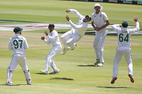 South African Aidan Markram flies through the air in an attempted catch during the third day of the third and final test match between South Africa and India in Cape Town. (Photo | AP)