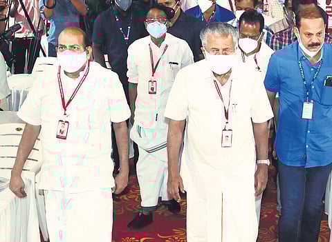 Kerala CM Pinarayi Vijayan and CPM state secretary Kodiyeri Balakrishnan arriving to inaugurate the party’s Thiruvananthapuram district conference in Parassala on Friday. CPM central committee members