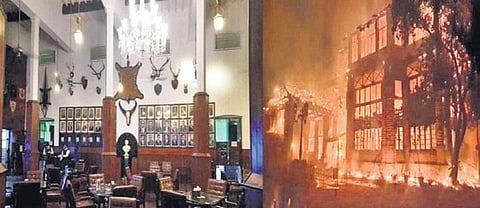 (Left) One of the rooms for members; (right) the iconic building engulfed in flames