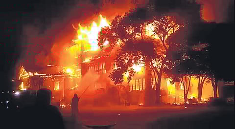 A raging fire engulfs the 144-year-old Secunderabad Club in the early hours of Sunday