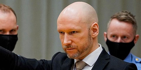 Norwegian mass killer Anders Behring Breivik arrives in court on the first day of a hearing where he is seeking parole, in Skien, Norway, Tuesday, Jan. 18, 2022. (Photo | AP)