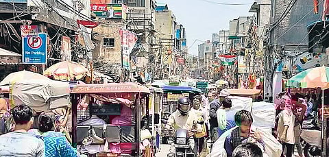 A crowed view of Sadar Bazar market before odd-even system in New Delhi | express
