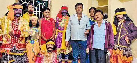 Karna Gouda (fourth from left) with his Desia Nata troupe after a performance in Koraput
