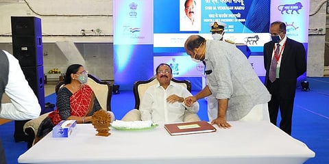 Vice President of India, Venkaiah Naidu and State Minister for Industries P Rajeeve at Cochin Shipyard on Sunday. (Photo | EPS)