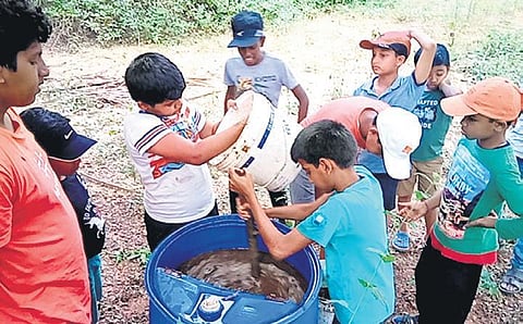 Children learn the nitty gritties of organic farming at the farm of Srivathsa Govindaraju (left) at Singadasanahalli village near Magadi | Express