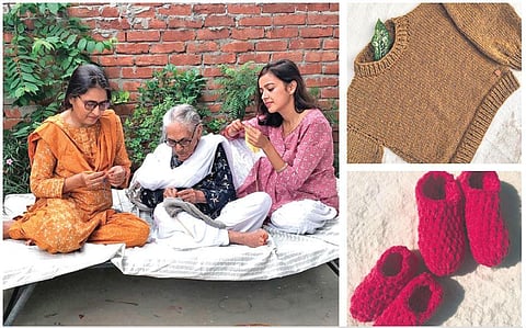 (Left) Anab Naiyer (right) knitting with her mother (left) and grandmother;  (right above and below) Knitted products crafted by Naiyer.