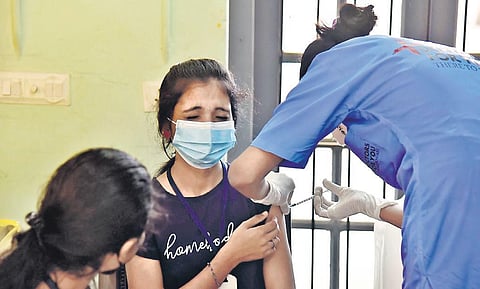 A student receiving Covid vaccine at Ernakulam Government Girls Higher Secondary School on Wednesday |  Albin Mathew