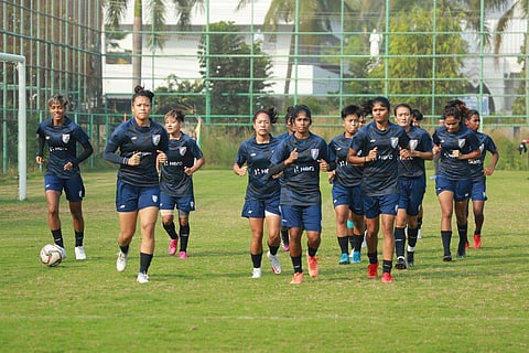 Indian Women's football team during practice ahead of their first game against Iran in the 2022 AFC Women's Asian Cup. (Photo | Twitter, @IndianFootball)